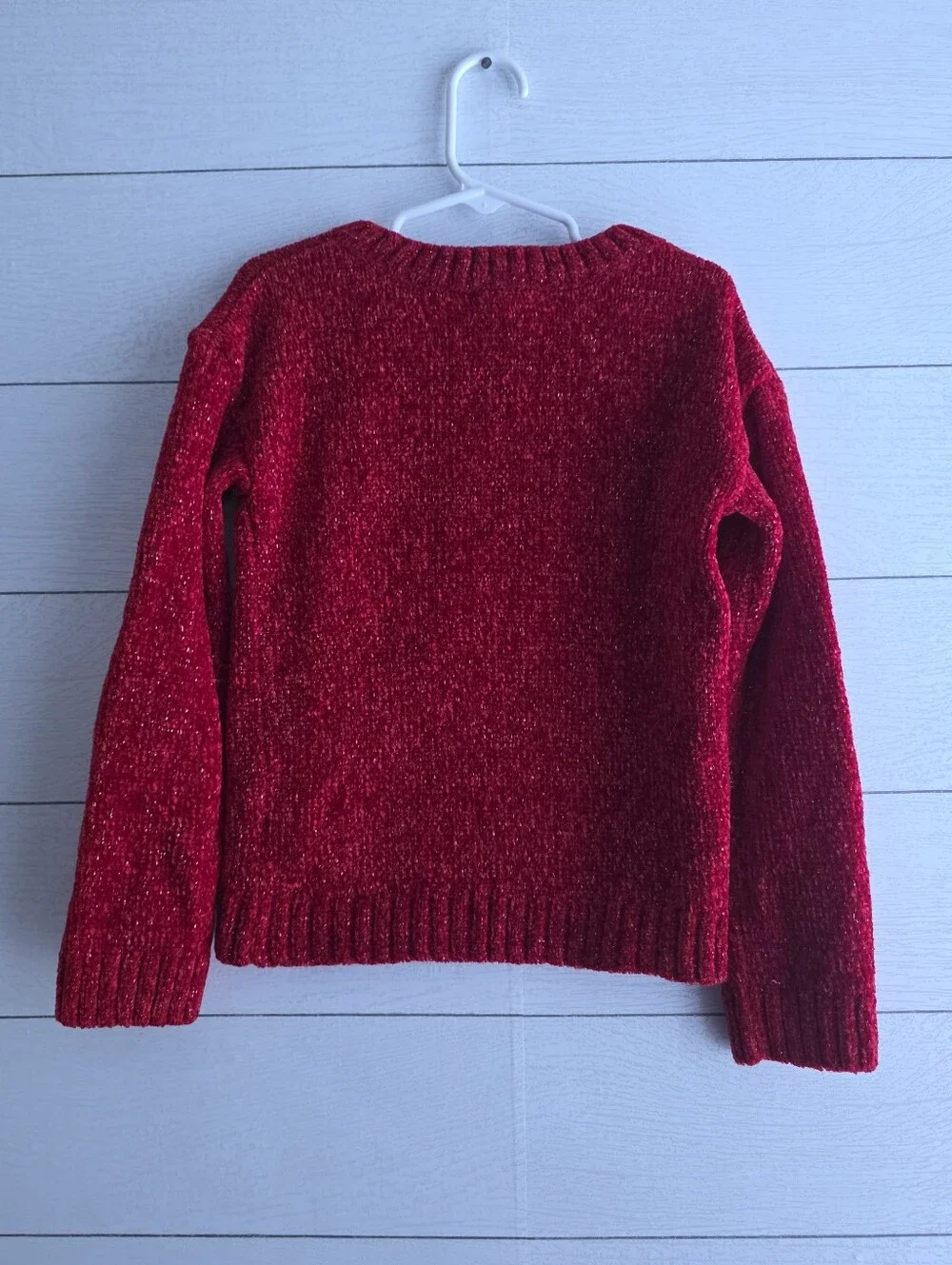 Btween Girls Chenille Red Sweater Plaid Sequin Heart Metallic Gold Size 7 Girls